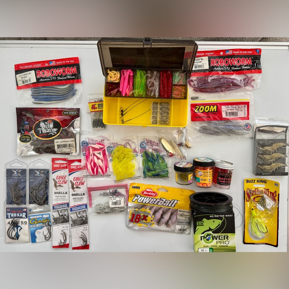 Assorted Fishing Tackle Zoom, Roboworm, Trokar Hooks, PowerPro Line, Bass